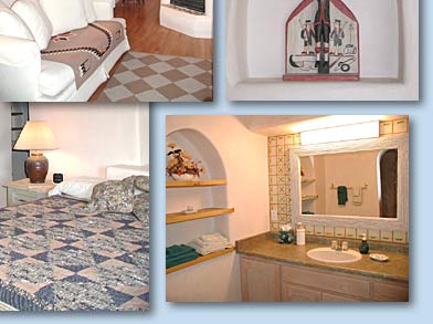Photos of living room, artwork, and bathroom